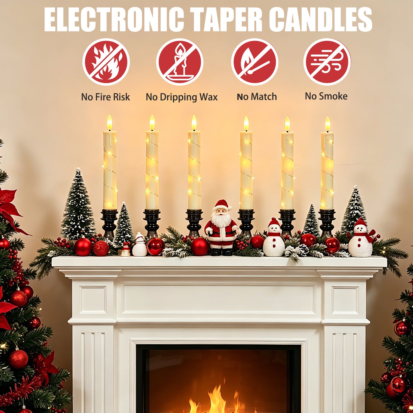 HIDAWN Flameless Taper Candles with Fairy Lights & Holders,LED Battery Operated Fake Candlesticks with Remote,3D Flickering Flame Window Candles for Wedding Home Decor,4Pack