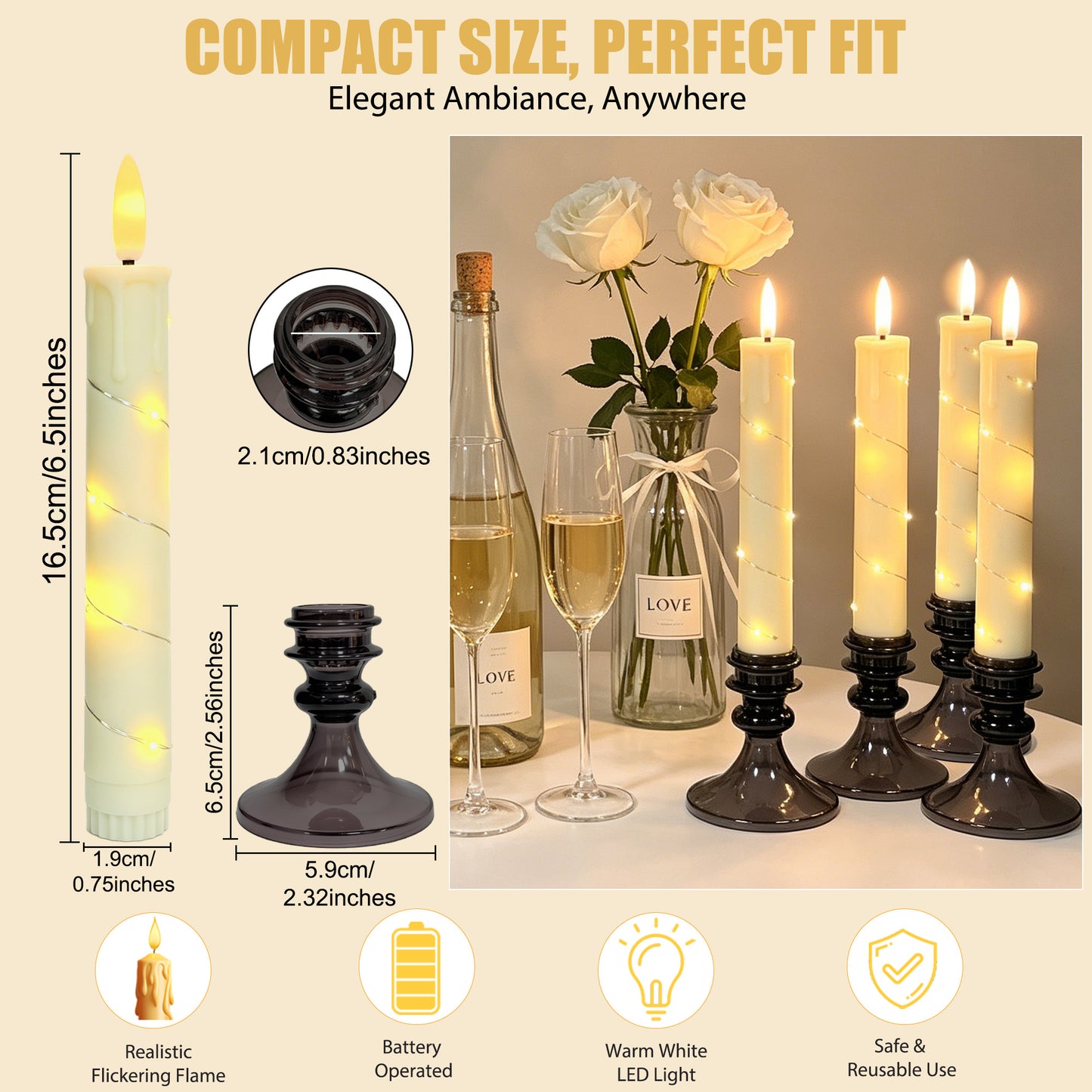 HIDAWN Flameless Taper Candles with Fairy Lights & Holders,LED Battery Operated Fake Candlesticks with Remote,3D Flickering Flame Window Candles for Wedding Home Decor,4Pack