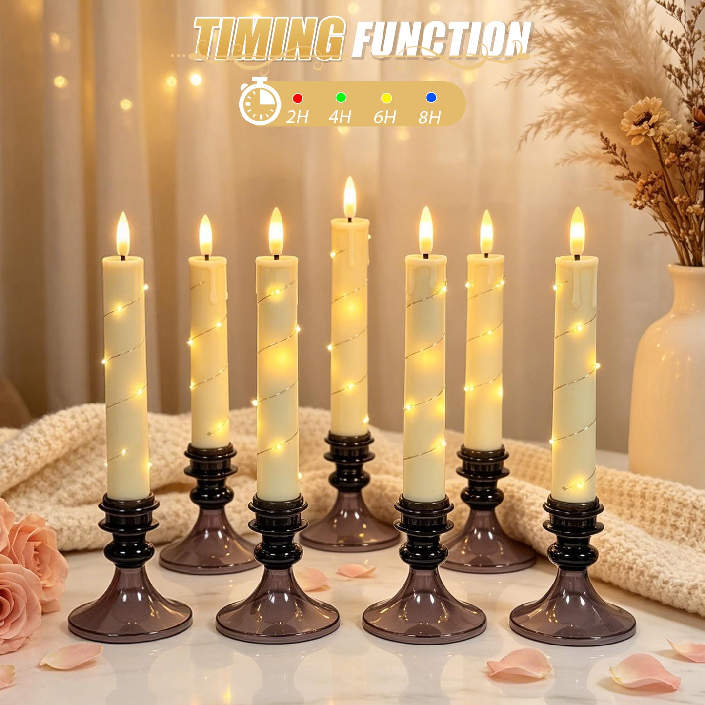 HIDAWN Flameless Taper Candles with Fairy Lights & Holders,LED Battery Operated Fake Candlesticks with Remote,3D Flickering Flame Window Candles for Wedding Home Decor,4Pack