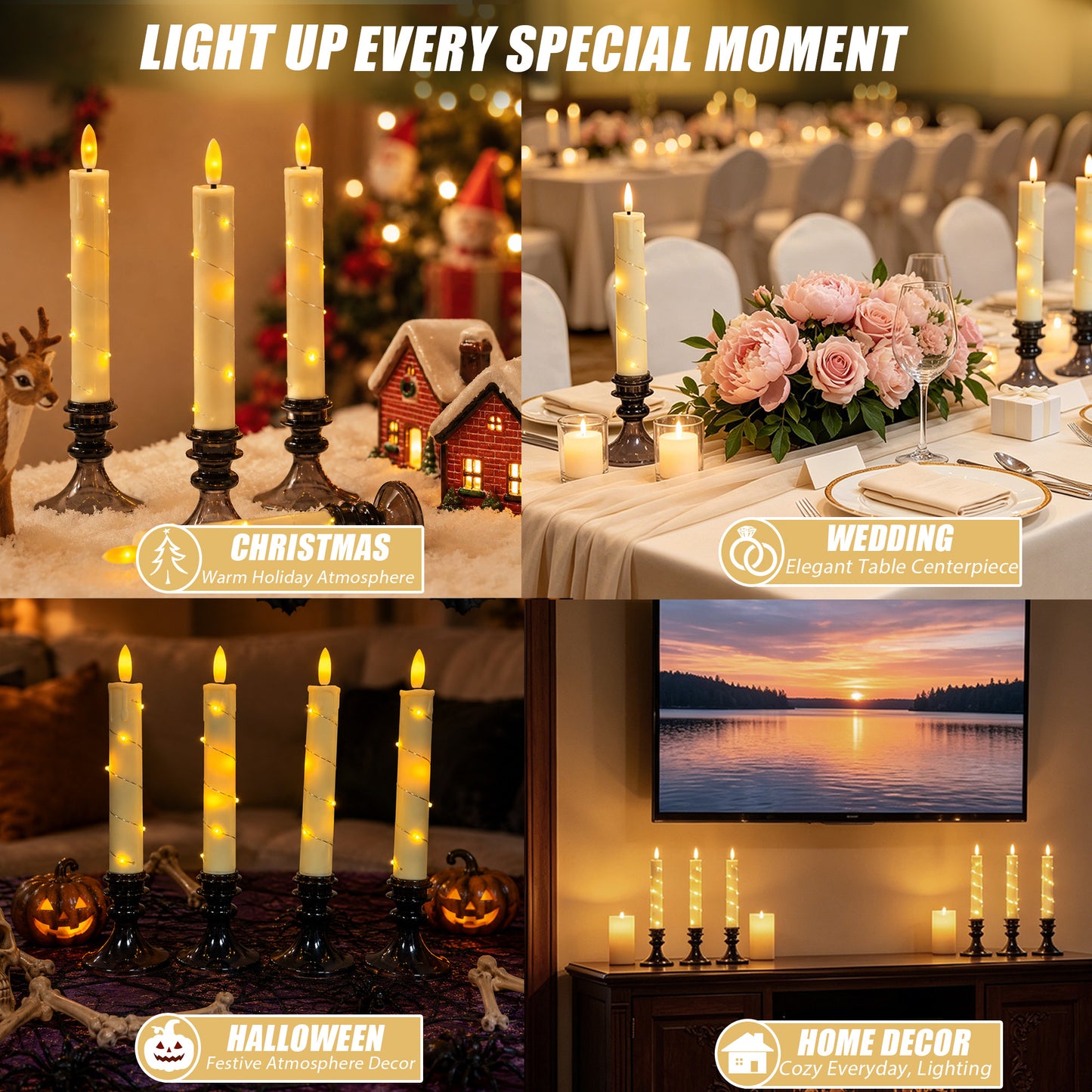 HIDAWN Flameless Taper Candles with Fairy Lights & Holders,LED Battery Operated Fake Candlesticks with Remote,3D Flickering Flame Window Candles for Wedding Home Decor,4Pack