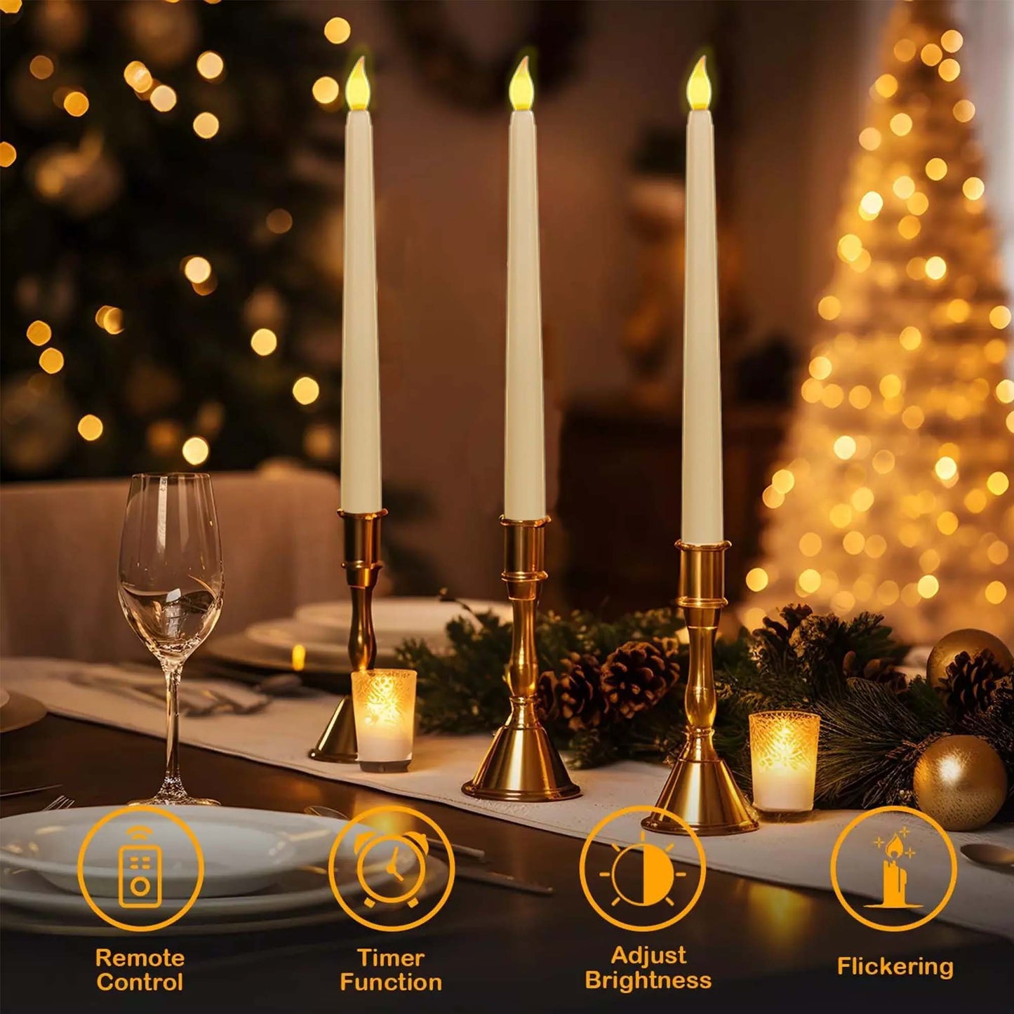 HIDAWN 6Pack Flameless Taper Candles with Remote,Dripless LED Electric Candlesticks,Battery Operated 3D Flame Head Wick Flickering Window Fake Candles-10.83'' Ivory