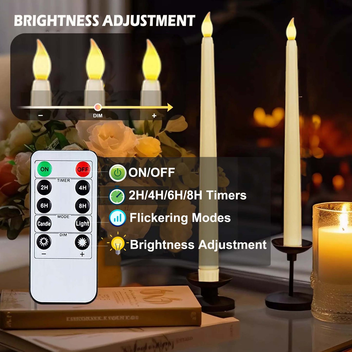 HIDAWN 6Pack Flameless Taper Candles with Remote,Dripless LED Electric Candlesticks,Battery Operated 3D Flame Head Wick Flickering Window Fake Candles-10.83'' Ivory