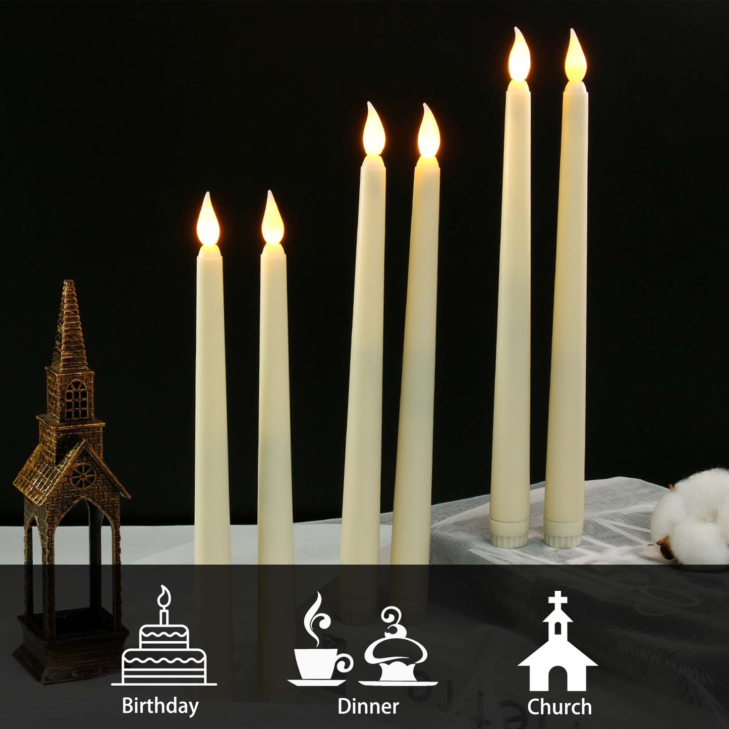 HIDAWN 6Pack Flameless Taper Candles with Remote,Dripless LED Electric Candlesticks,Battery Operated 3D Flame Head Wick Flickering Window Fake Candles-10.83'' Ivory