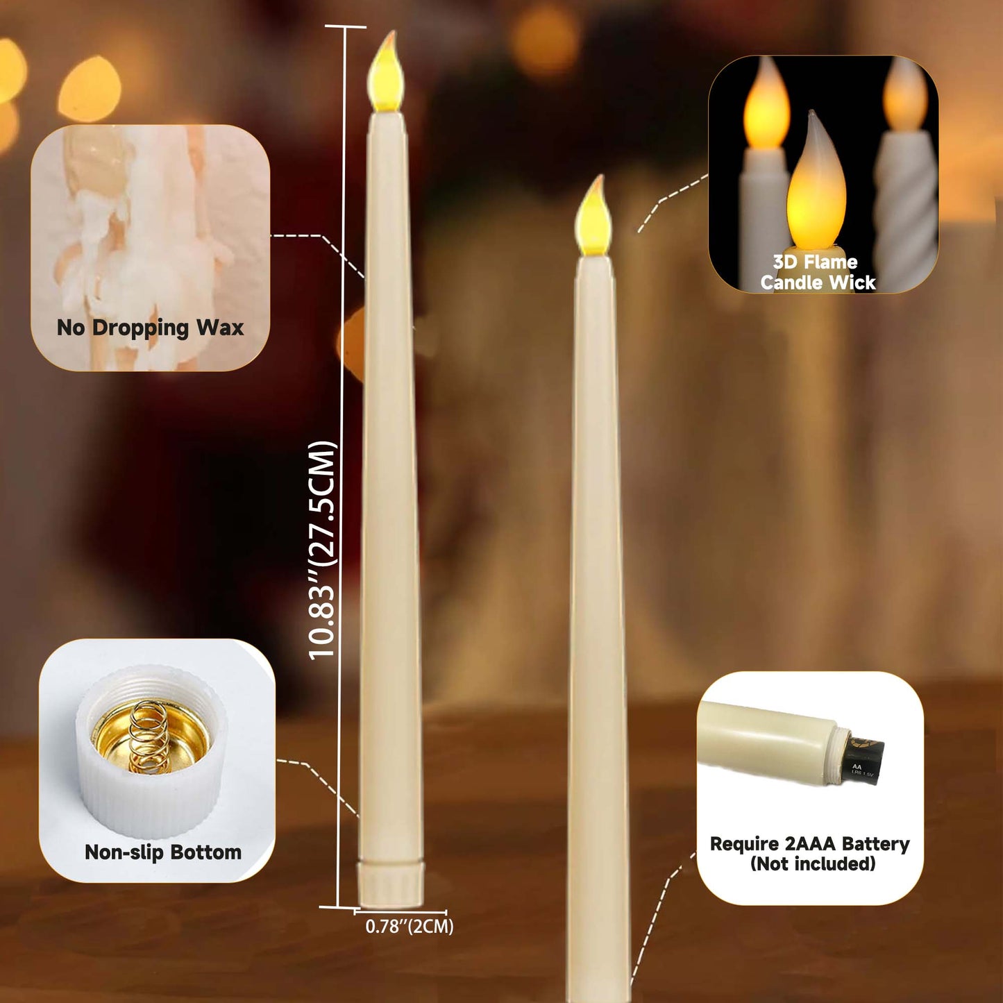 HIDAWN 6Pack Flameless Taper Candles with Remote,Dripless LED Electric Candlesticks,Battery Operated 3D Flame Head Wick Flickering Window Fake Candles-10.83'' Ivory