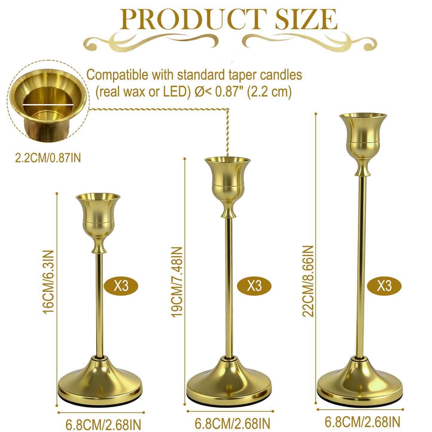 HIDAWN Gold Candlestick Holders Set of 9, Metal Taper Candle Holders, Home Decor Holder Set for Table, Mantel, Room Decorations Housewarming Gift Gold