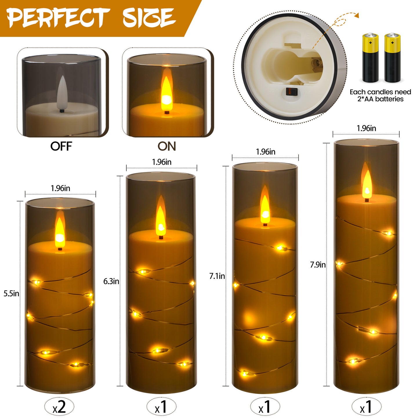 HIDAWN Flameless LED Candles with Timer 5 Pc Battery Operated Flickering Candles with Embedded Star String（Grey）