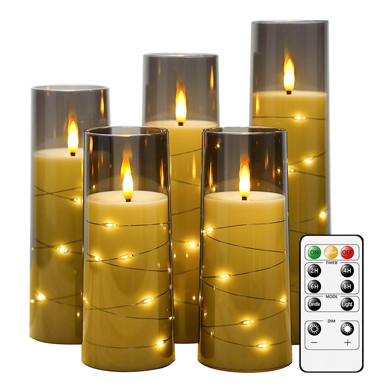 HIDAWN Flameless LED Candles with Timer 5 Pc Battery Operated Flickering Candles with Embedded Star String（Grey）