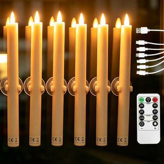 HIDAWN 6 Pcs Sensor Dawn to Dusk Flameless Taper Candles,Rechargeable Window Candles With Suction Cup Holders,LED Battery Operated Fake Candlesticks with Remote,3D Flickering Electric Candlesticks