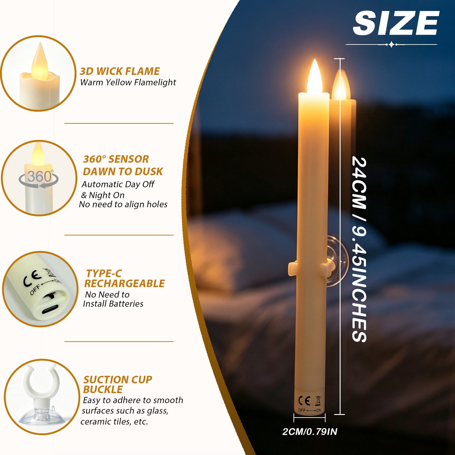 HIDAWN 6 Pcs Sensor Dawn to Dusk Flameless Taper Candles,Rechargeable Window Candles With Suction Cup Holders,LED Battery Operated Fake Candlesticks with Remote,3D Flickering Electric Candlesticks