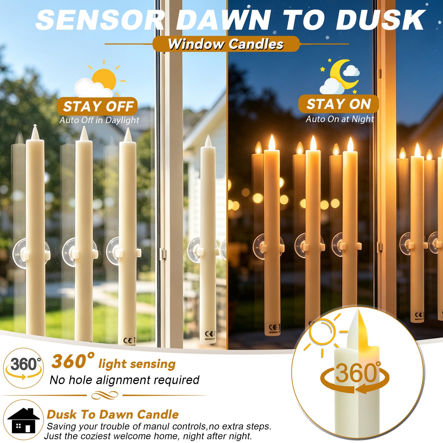 HIDAWN 6 Pcs Sensor Dawn to Dusk Flameless Taper Candles,Rechargeable Window Candles With Suction Cup Holders,LED Battery Operated Fake Candlesticks with Remote,3D Flickering Electric Candlesticks