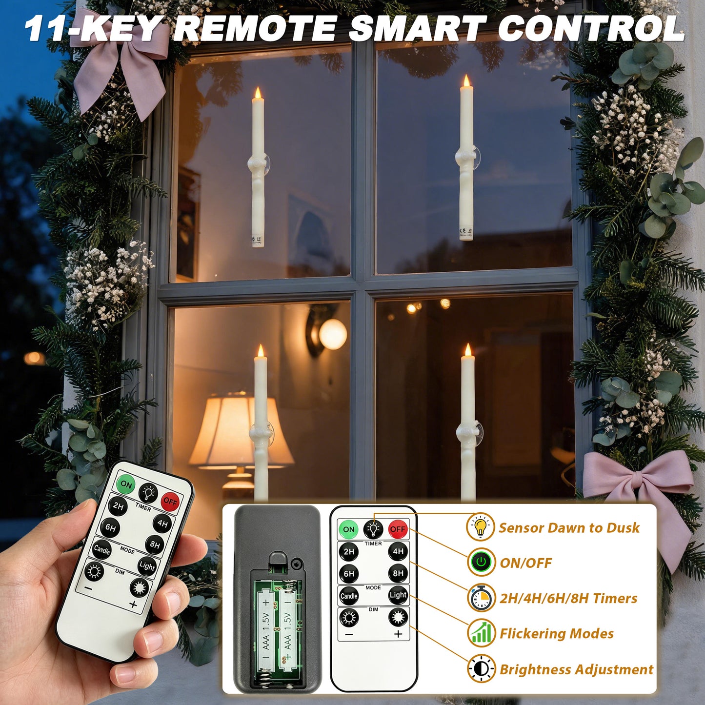 HIDAWN 6 Pcs Sensor Dawn to Dusk Flameless Taper Candles,Rechargeable Window Candles With Suction Cup Holders,LED Battery Operated Fake Candlesticks with Remote,3D Flickering Electric Candlesticks