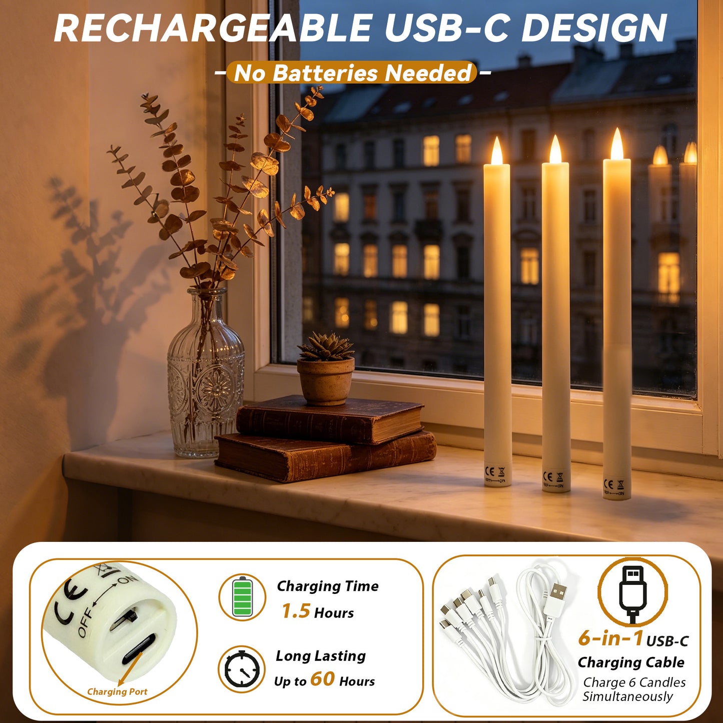 HIDAWN 6 Pcs Sensor Dawn to Dusk Flameless Taper Candles,Rechargeable Window Candles With Suction Cup Holders,LED Battery Operated Fake Candlesticks with Remote,3D Flickering Electric Candlesticks