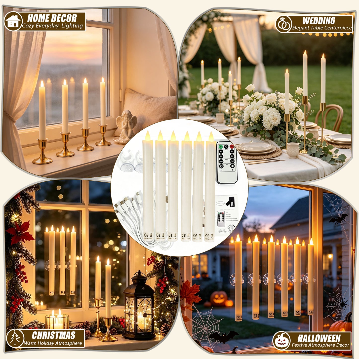 HIDAWN 6 Pcs Sensor Dawn to Dusk Flameless Taper Candles,Rechargeable Window Candles With Suction Cup Holders,LED Battery Operated Fake Candlesticks with Remote,3D Flickering Electric Candlesticks