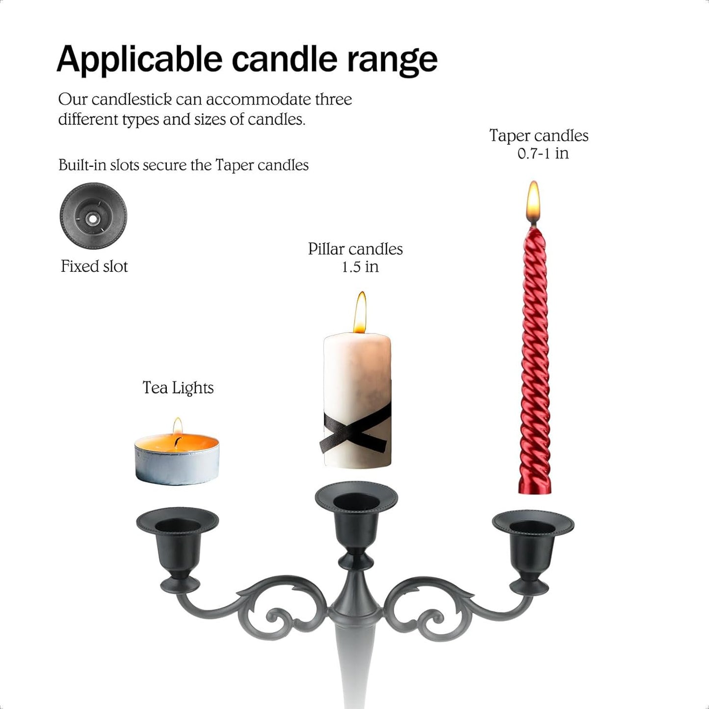 Metal Candle Holder，5 Arms Pure Black Candle Holders for Pillar Candles（10.6 inch Tall Candlestick Holders, for 1/2-1 inch Taper Candles Diameter Each）,Candelabra Decoration