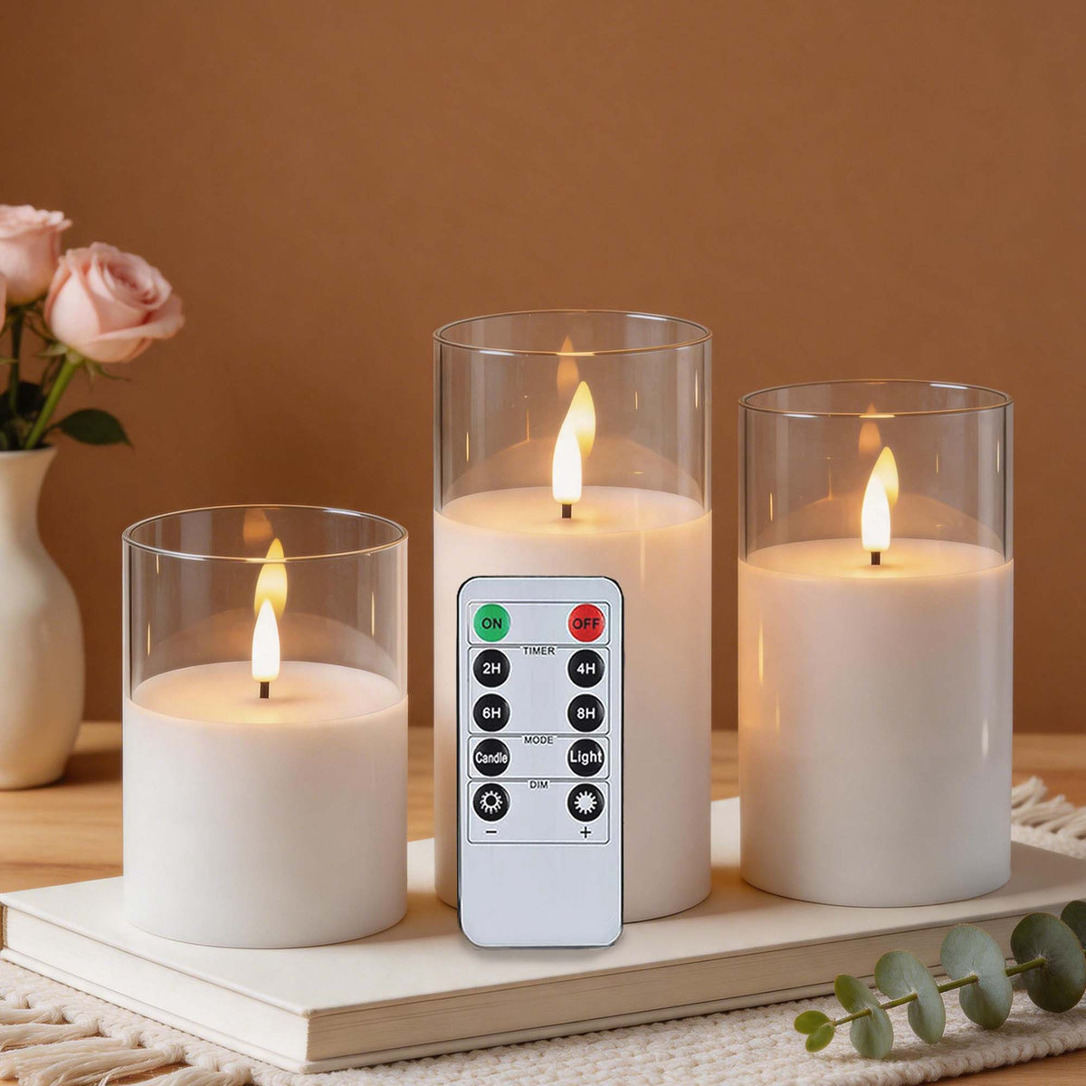 HIDAWN Flameless Candles Flickering with Remote and Timer,3D Wick Acrylic Electric Fake Candles, Battery Operated LED Pillar Candle-White4''x5''x6''