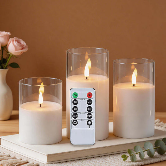 HIDAWN Flameless Candles Flickering with Remote and Timer,3D Wick Acrylic Electric Fake Candles, Battery Operated LED Pillar Candle-White4''x5''x6''