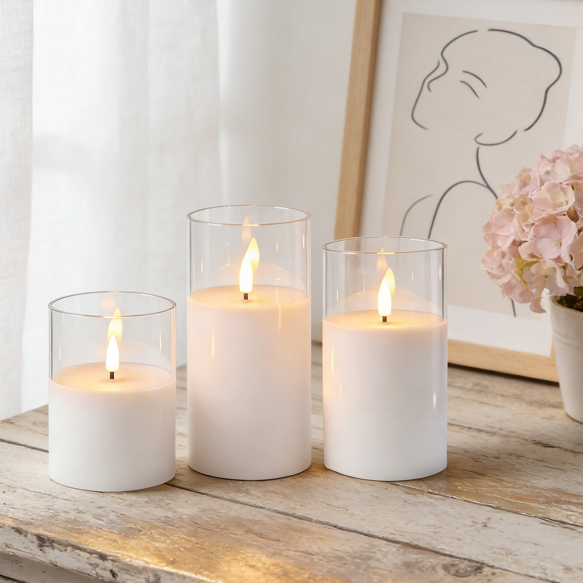 HIDAWN Flameless Candles Flickering with Remote and Timer,3D Wick Acrylic Electric Fake Candles, Battery Operated LED Pillar Candle-White4''x5''x6''