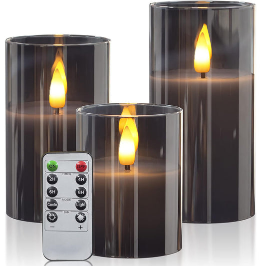 HIDAWN Flickering Flameless Candles, Unbreakable 3D Wick Acrylic Battery Operated LED Pillar Candles - Battery Candles with Remote and Timer 3 Pack Gray 4''x5''x6