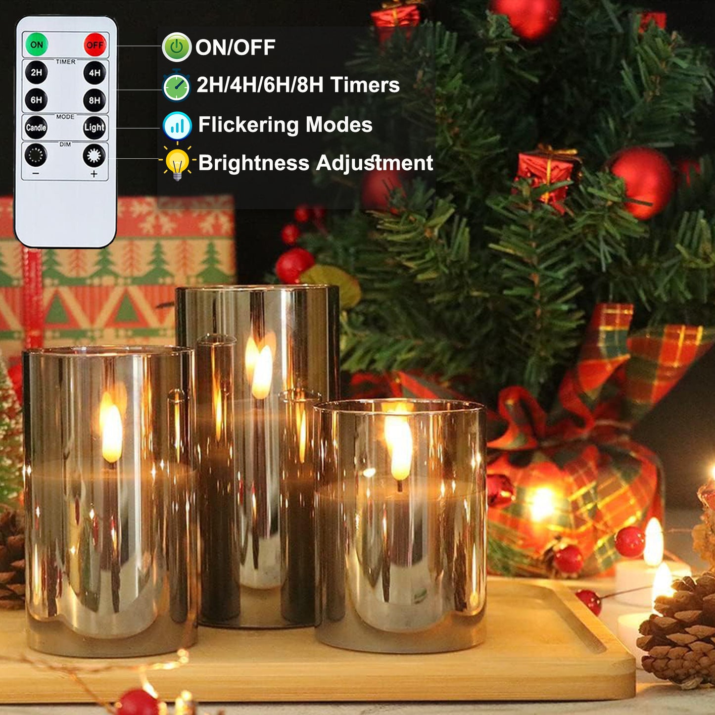 HIDAWN Flickering Flameless Candles, Unbreakable 3D Wick Acrylic Battery Operated LED Pillar Candles - Battery Candles with Remote and Timer 3 Pack Gray 4''x5''x6