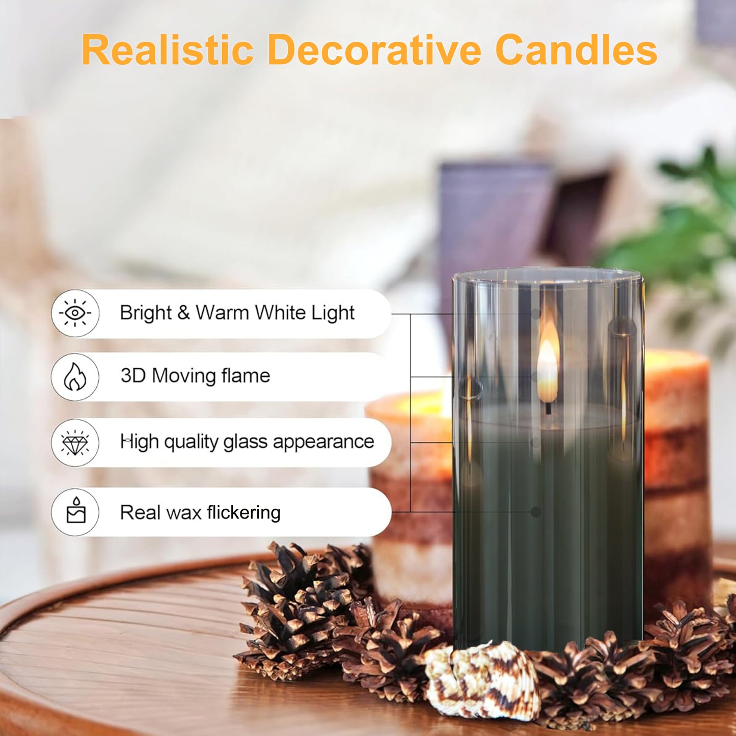 HIDAWN Flickering Flameless Candles, Unbreakable 3D Wick Acrylic Battery Operated LED Pillar Candles - Battery Candles with Remote and Timer 3 Pack Gray 4''x5''x6