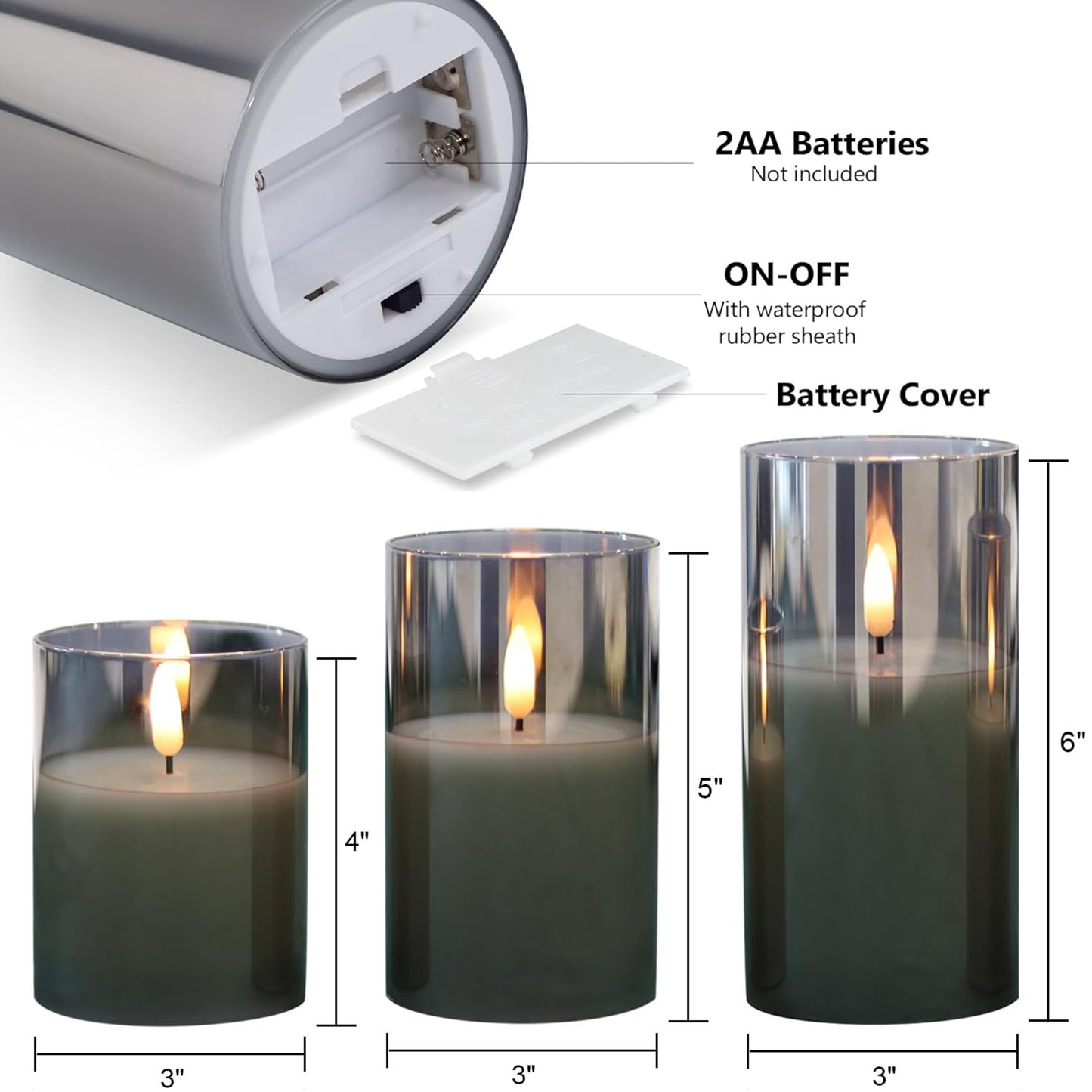 HIDAWN Flickering Flameless Candles, Unbreakable 3D Wick Acrylic Battery Operated LED Pillar Candles - Battery Candles with Remote and Timer 3 Pack Gray 4''x5''x6