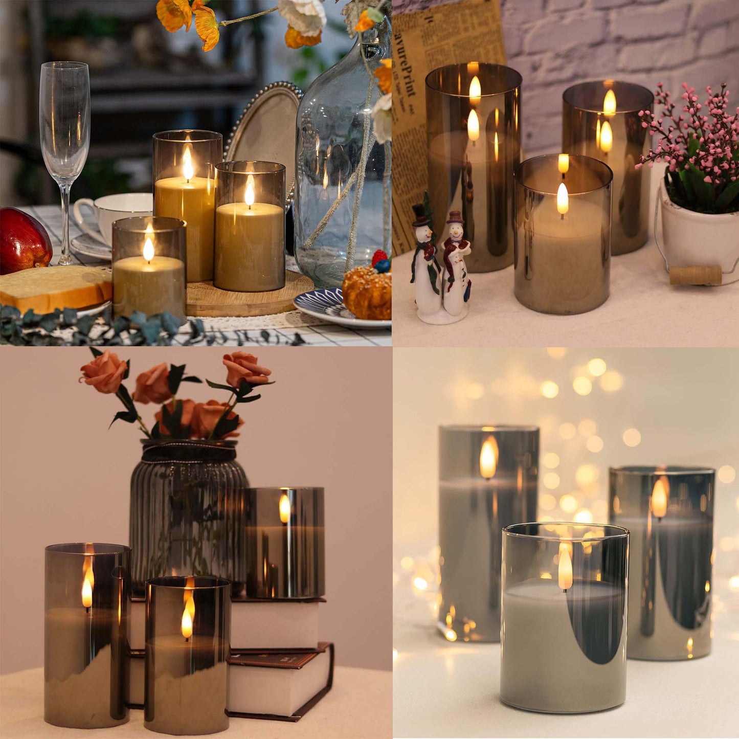 HIDAWN Flickering Flameless Candles, Unbreakable 3D Wick Acrylic Battery Operated LED Pillar Candles - Battery Candles with Remote and Timer 3 Pack Gray 4''x5''x6