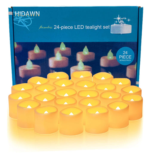 HIDAWN 24Pack Flameless LED TeaLights Candles Battery Operated,200+Hour Fake Electric Votive Candles Warm White TeaLights for Votive,Wedding Aniversary,Table Decor,Funeral,Christmas,Halloween