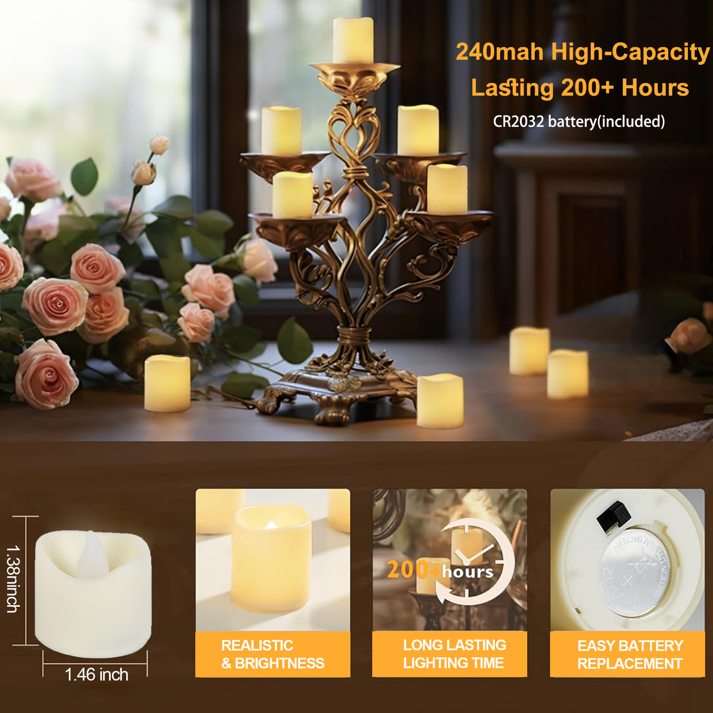 HIDAWN 24Pack Flameless LED TeaLights Candles Battery Operated,200+Hour Fake Electric Votive Candles Warm White TeaLights for Votive,Wedding Aniversary,Table Decor,Funeral,Christmas,Halloween