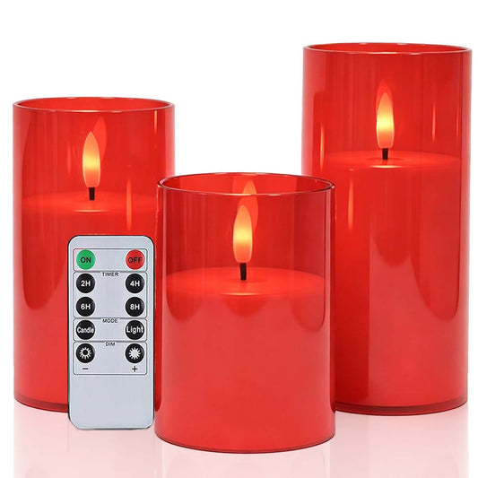HIDAWN Flameless Candles Flickering with Remote and Timer,3D Wick Acrylic Electric Fake Candles, Battery Operated LED Pillar Candle-Red 4''x5''x6''