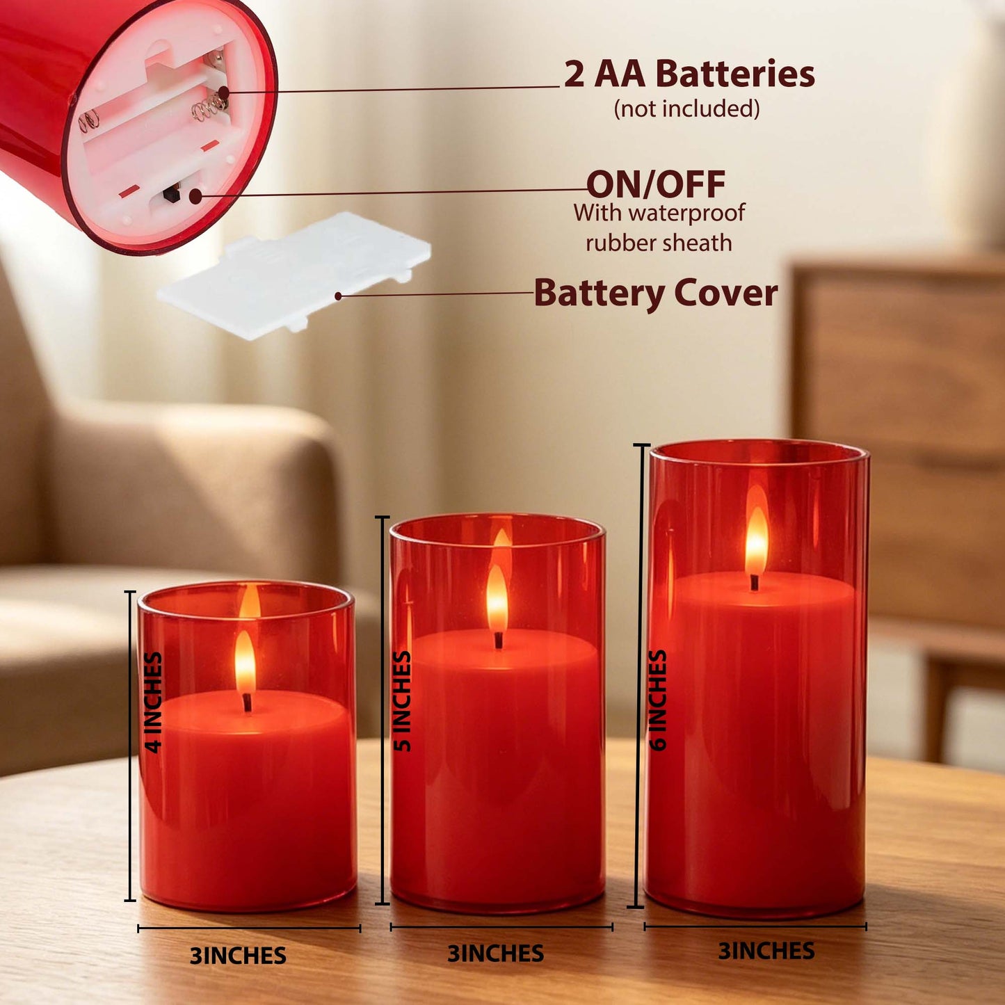 HIDAWN Flameless Candles Flickering with Remote and Timer,3D Wick Acrylic Electric Fake Candles, Battery Operated LED Pillar Candle-Red 4''x5''x6''