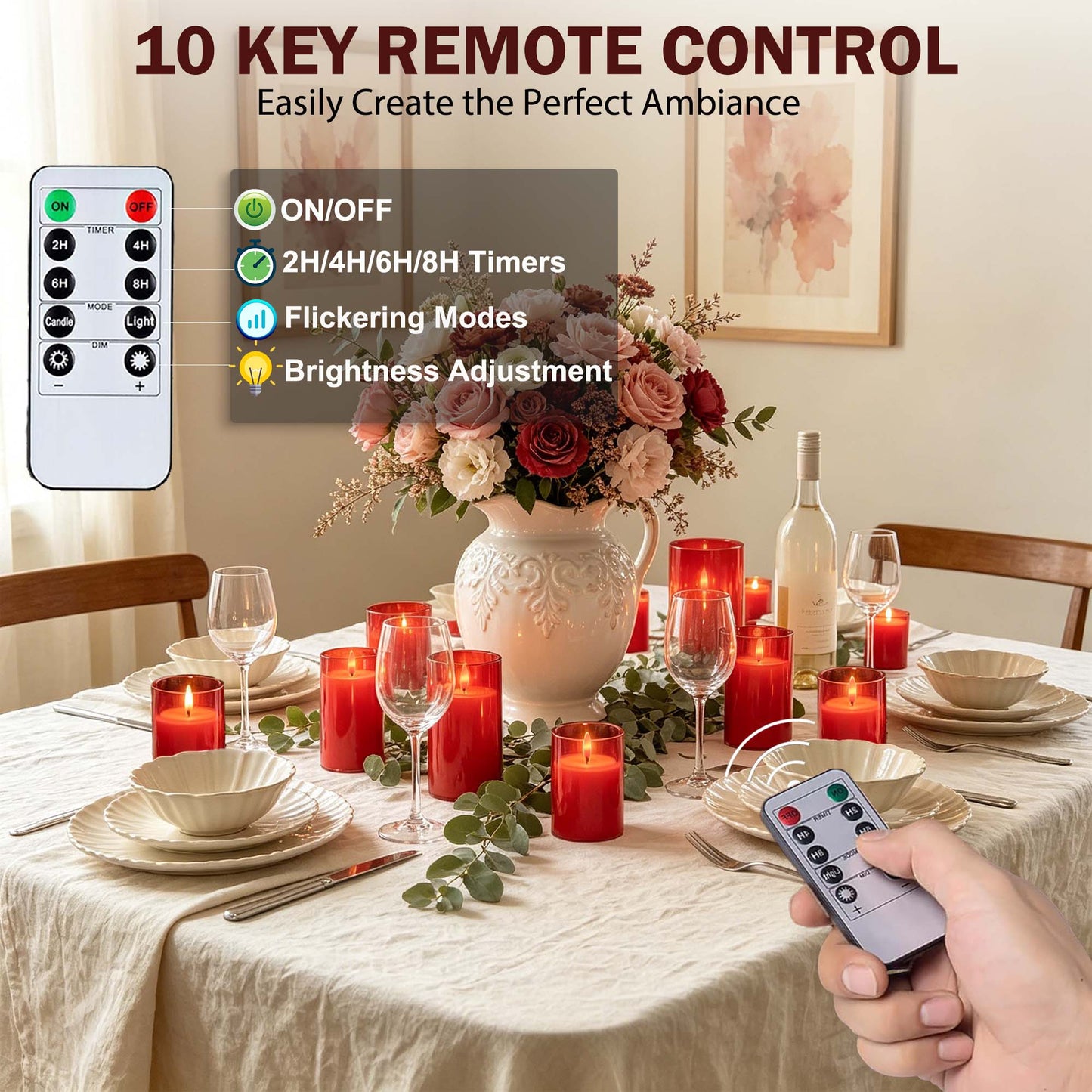 HIDAWN Flameless Candles Flickering with Remote and Timer,3D Wick Acrylic Electric Fake Candles, Battery Operated LED Pillar Candle-Red 4''x5''x6''