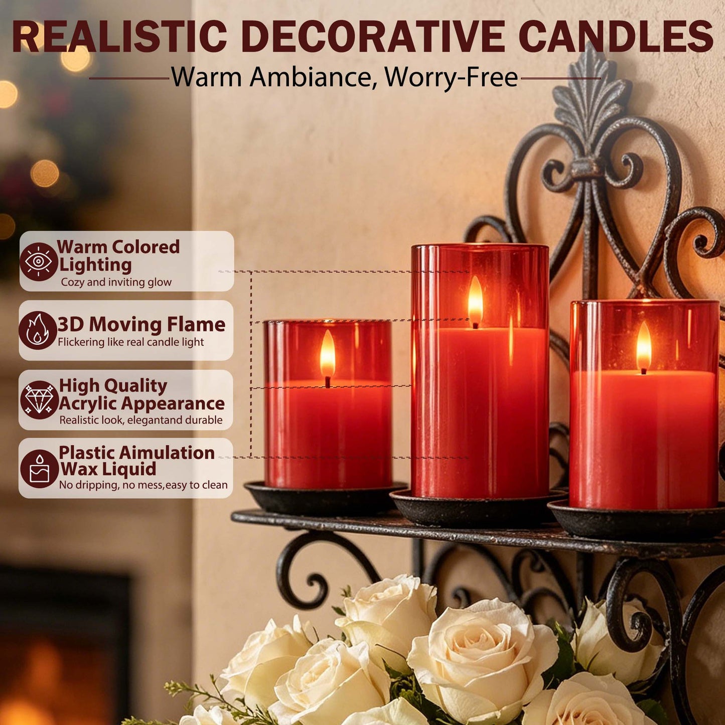 HIDAWN Flameless Candles Flickering with Remote and Timer,3D Wick Acrylic Electric Fake Candles, Battery Operated LED Pillar Candle-Red 4''x5''x6''