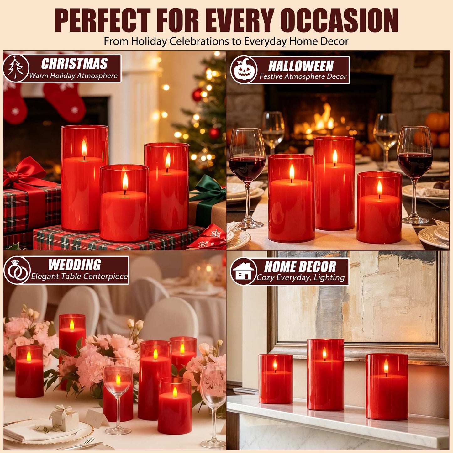 HIDAWN Flameless Candles Flickering with Remote and Timer,3D Wick Acrylic Electric Fake Candles, Battery Operated LED Pillar Candle-Red 4''x5''x6''