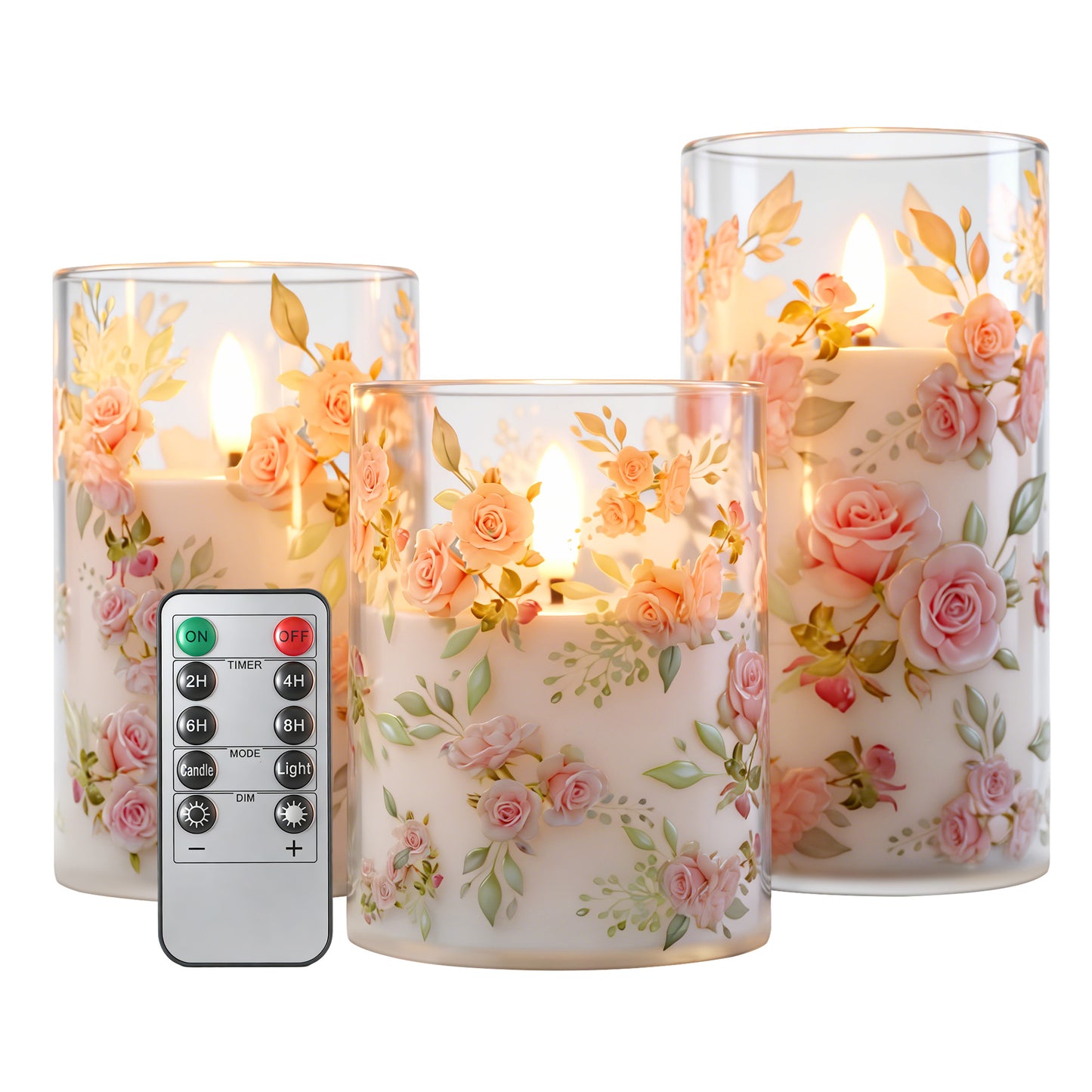 HIDAWN Flameless Candles Flickering with Remote,4''x5''x6'' Pink Rose Decal Acrylic Electric Fake Candles,3D Wick Battery Operated LED Pillar Candle