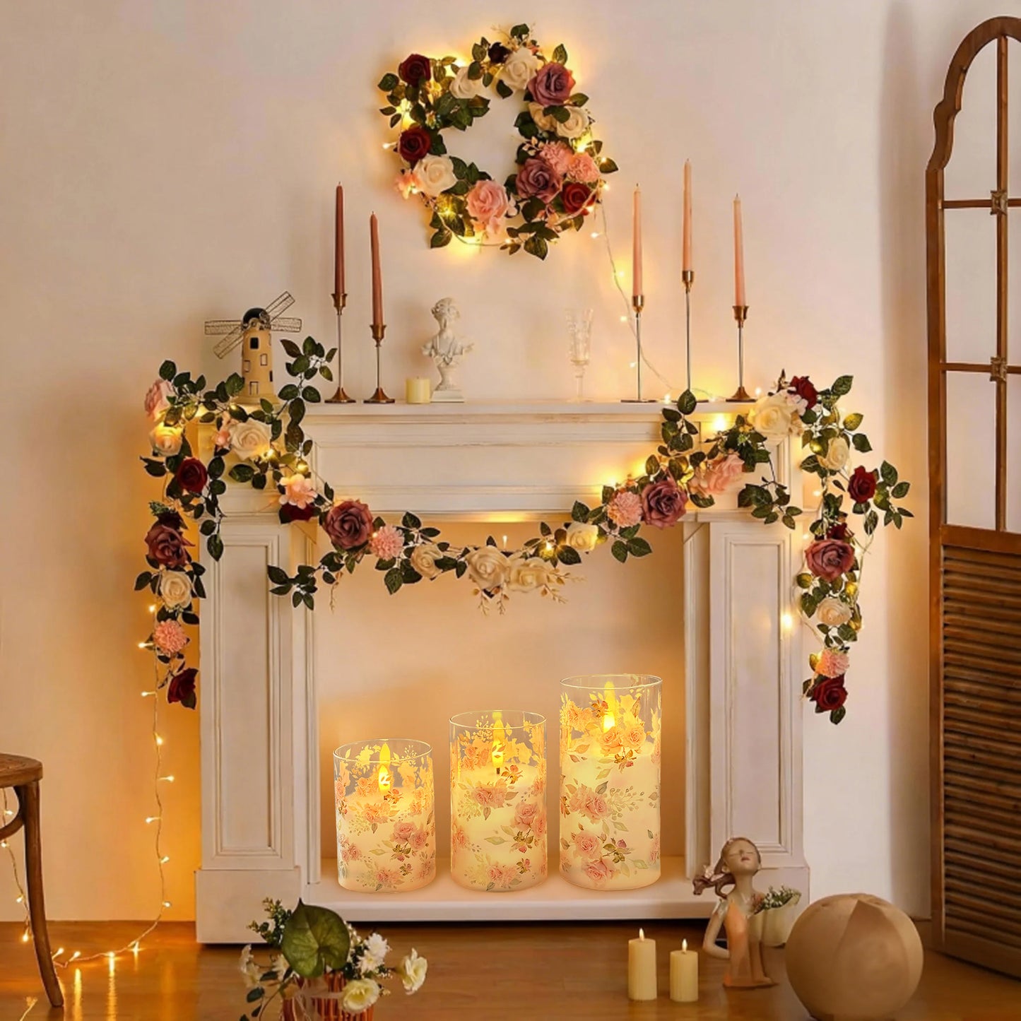 HIDAWN Flameless Candles Flickering with Remote,4''x5''x6'' Pink Rose Decal Acrylic Electric Fake Candles,3D Wick Battery Operated LED Pillar Candle