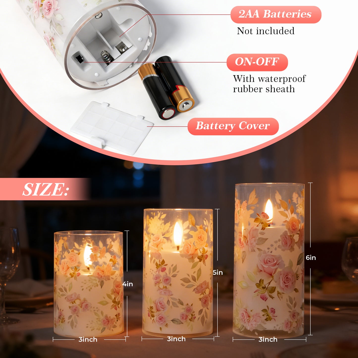 HIDAWN Flameless Candles Flickering with Remote,4''x5''x6'' Pink Rose Decal Acrylic Electric Fake Candles,3D Wick Battery Operated LED Pillar Candle