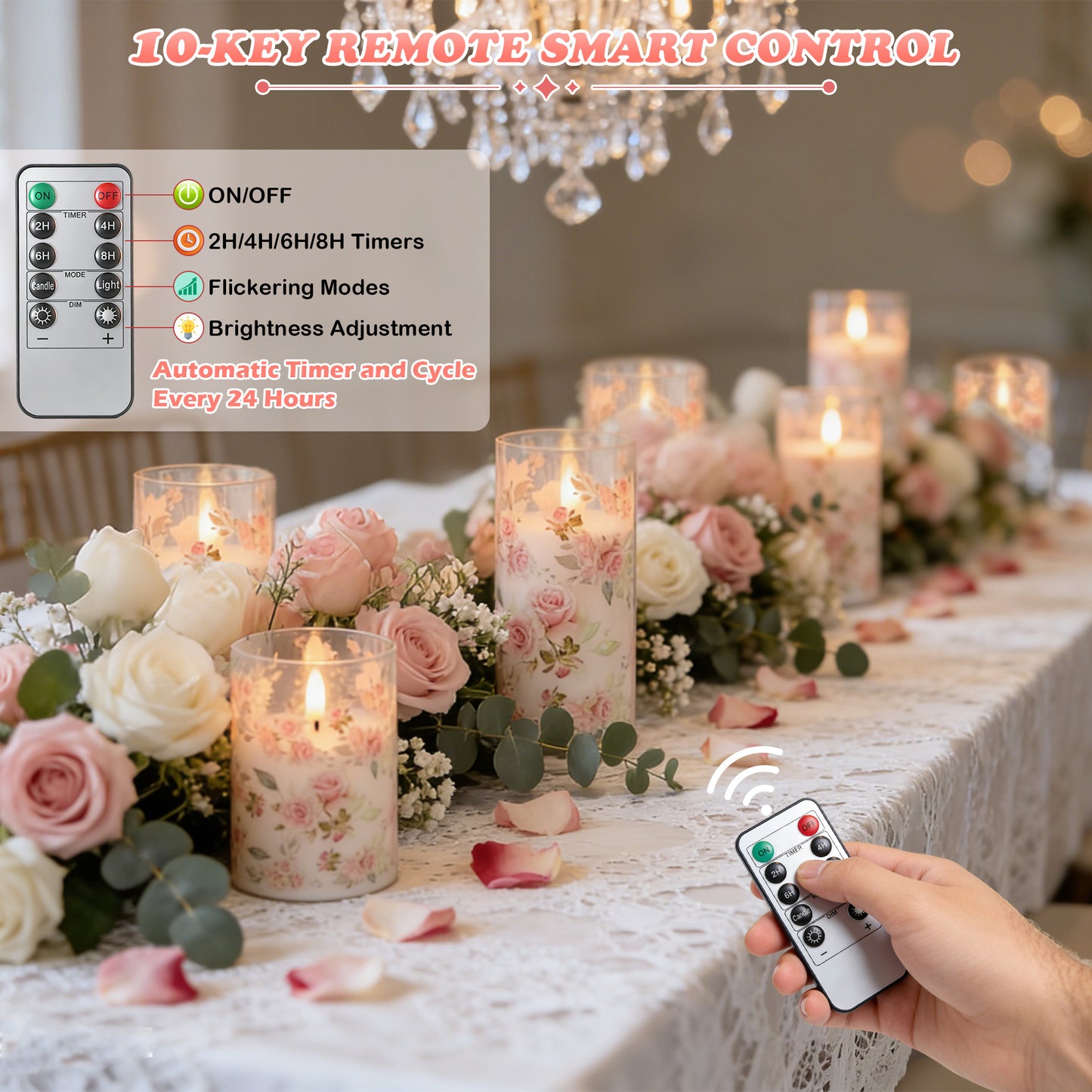 HIDAWN Flameless Candles Flickering with Remote,4''x5''x6'' Pink Rose Decal Acrylic Electric Fake Candles,3D Wick Battery Operated LED Pillar Candle