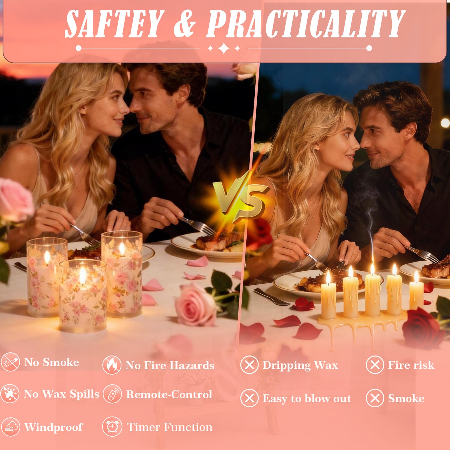 HIDAWN Flameless Candles Flickering with Remote,4''x5''x6'' Pink Rose Decal Acrylic Electric Fake Candles,3D Wick Battery Operated LED Pillar Candle