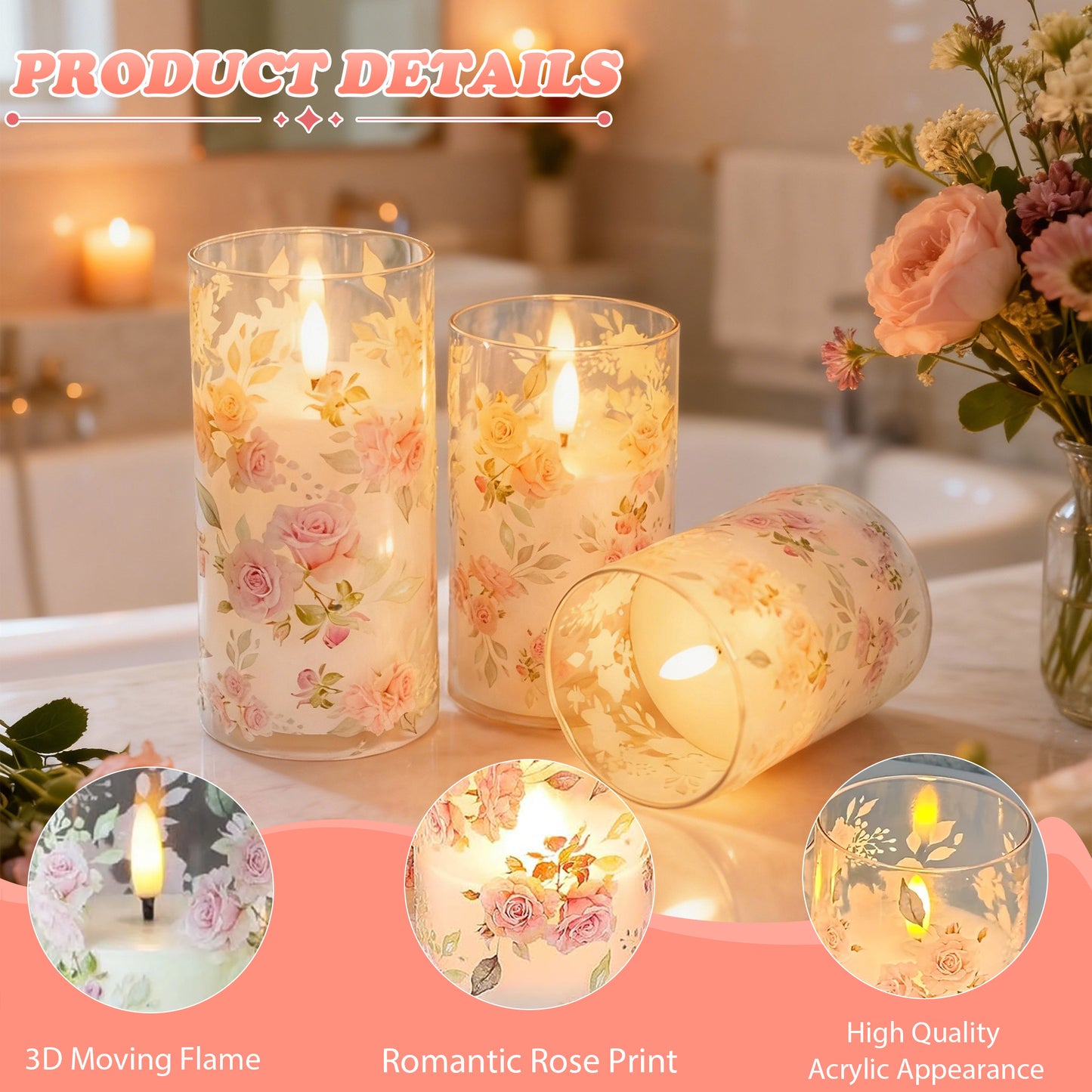 HIDAWN Flameless Candles Flickering with Remote,4''x5''x6'' Pink Rose Decal Acrylic Electric Fake Candles,3D Wick Battery Operated LED Pillar Candle