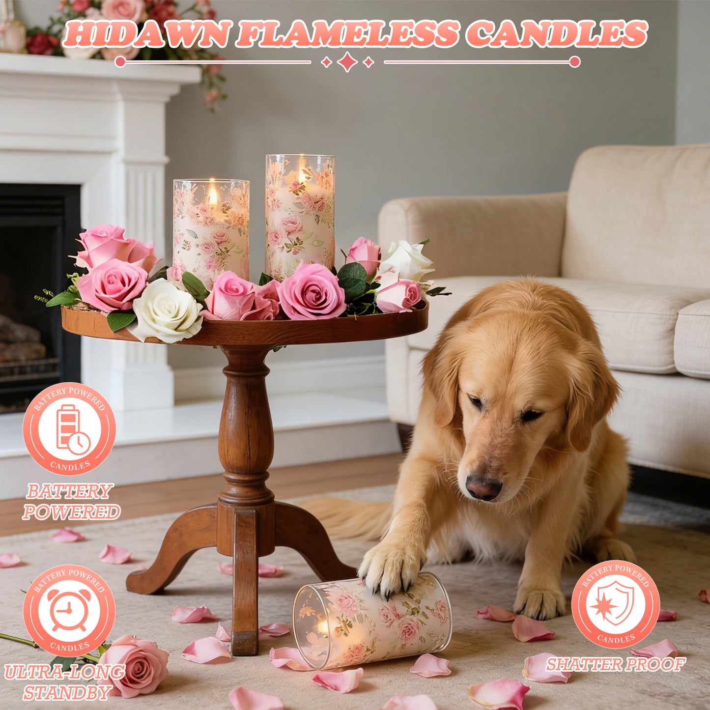 HIDAWN Flameless Candles Flickering with Remote,4''x5''x6'' Pink Rose Decal Acrylic Electric Fake Candles,3D Wick Battery Operated LED Pillar Candle