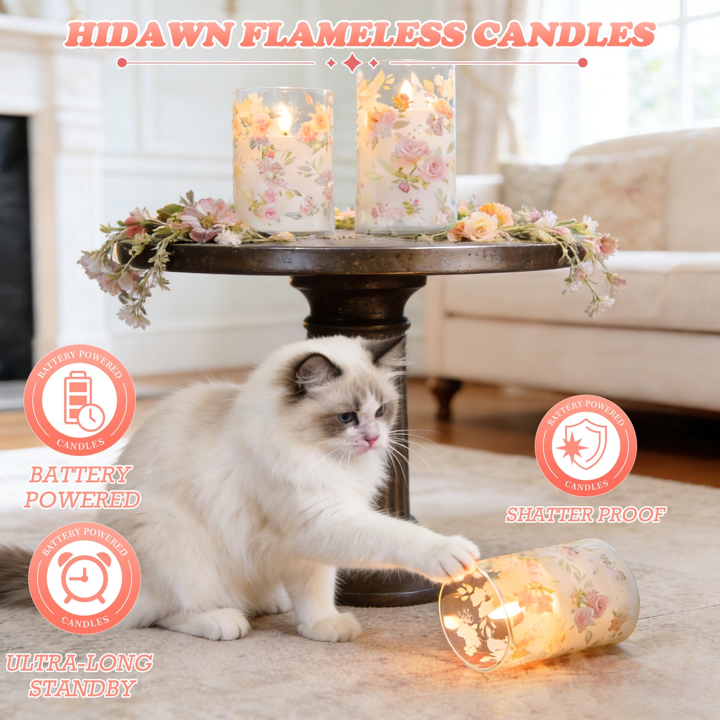 HIDAWN Flameless Candles Flickering with Remote,4''x5''x6'' Pink Rose Decal Acrylic Electric Fake Candles,3D Wick Battery Operated LED Pillar Candle