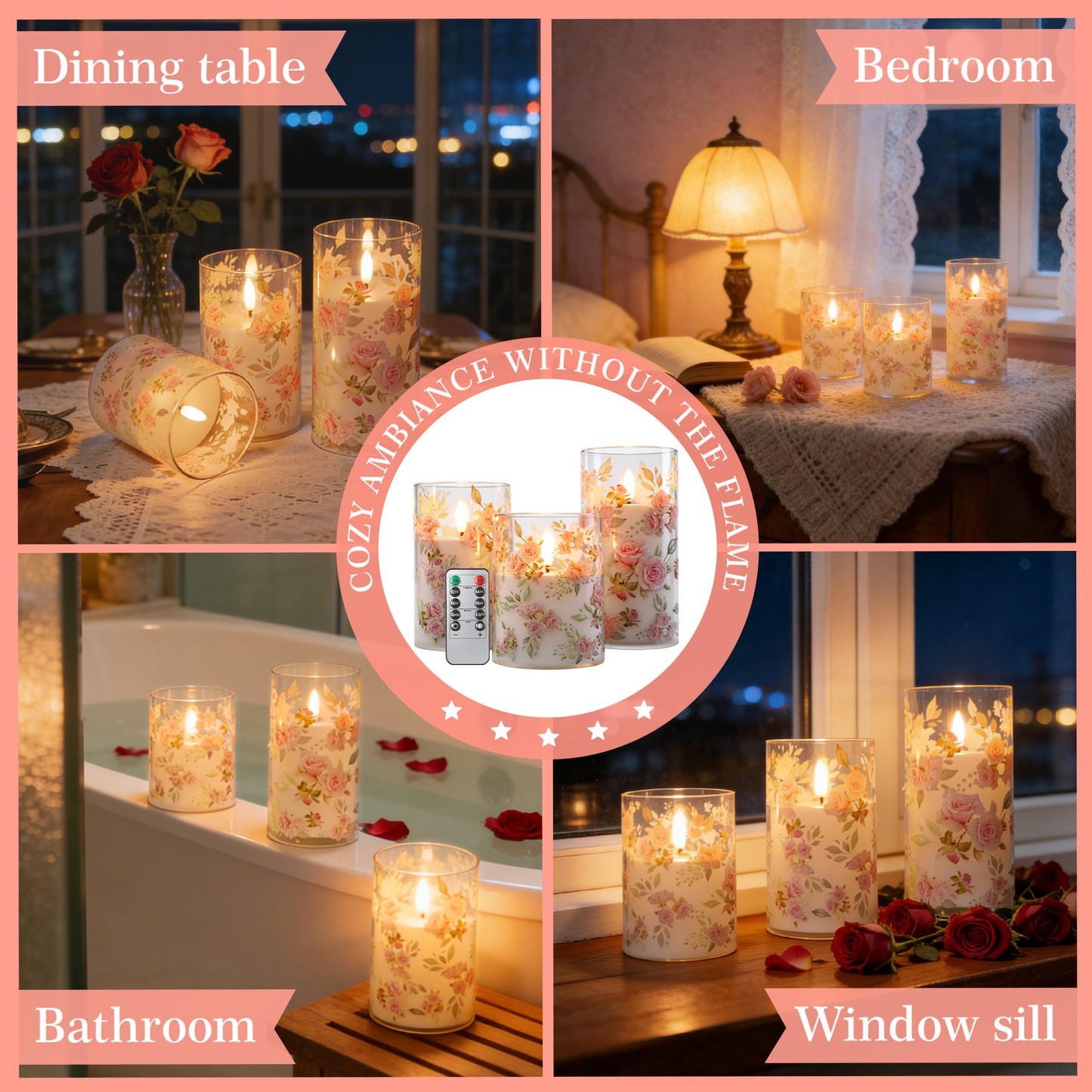 HIDAWN Flameless Candles Flickering with Remote,4''x5''x6'' Pink Rose Decal Acrylic Electric Fake Candles,3D Wick Battery Operated LED Pillar Candle