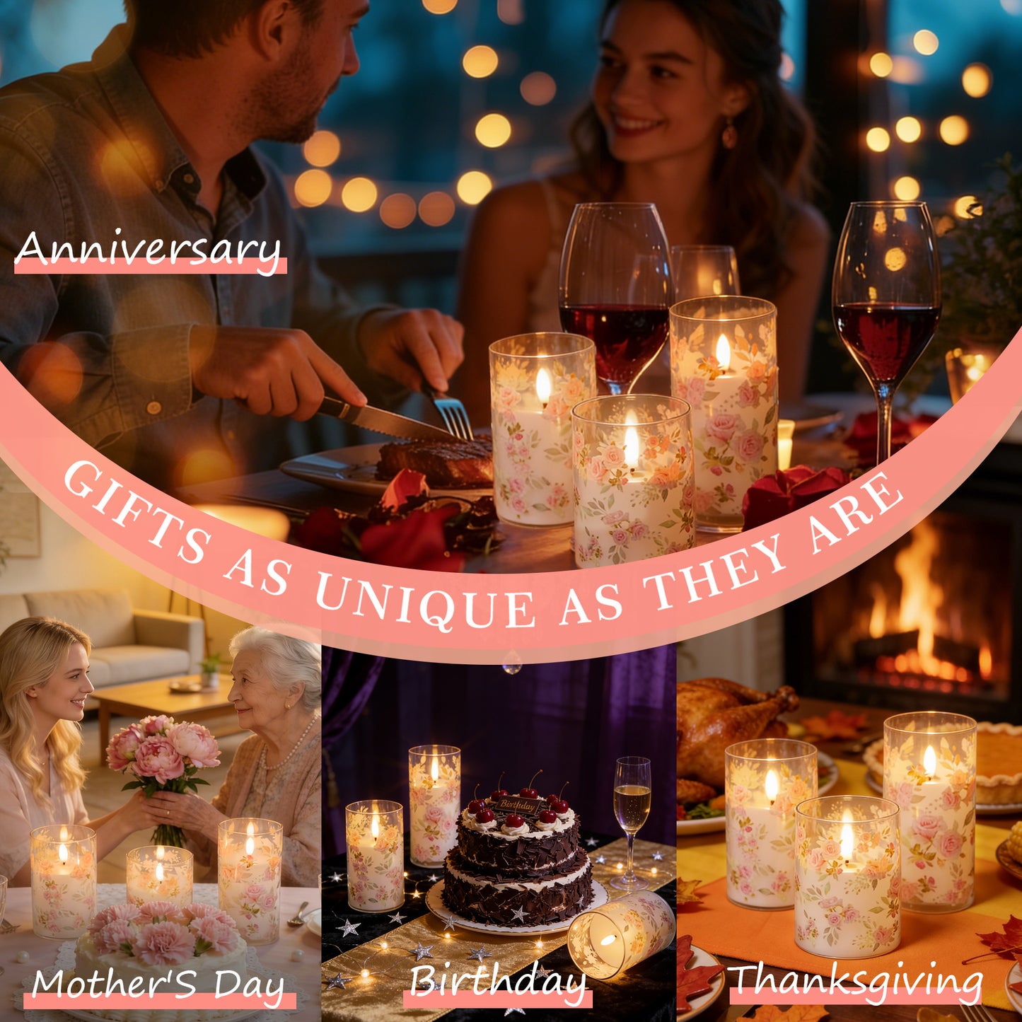 HIDAWN Flameless Candles Flickering with Remote,4''x5''x6'' Pink Rose Decal Acrylic Electric Fake Candles,3D Wick Battery Operated LED Pillar Candle